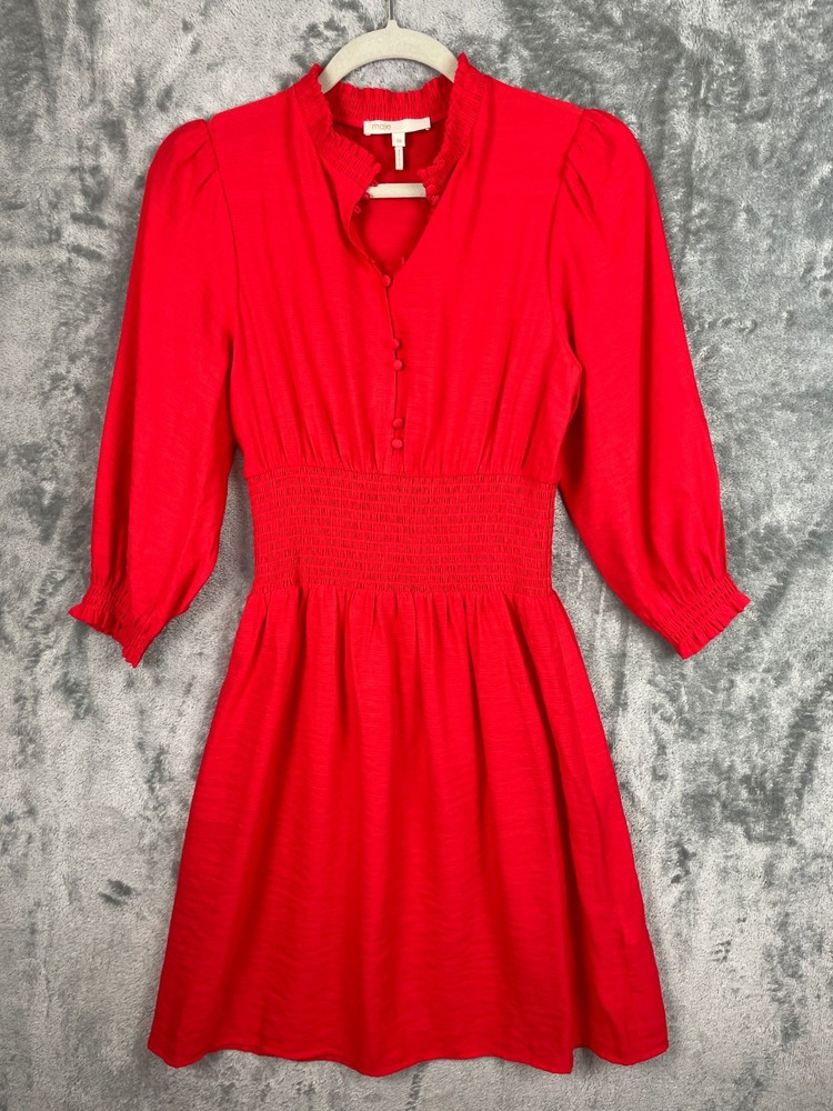 MAJE Dress Womens Size 38 Medium Red Smocked Waist Half Button Feminine Romantic