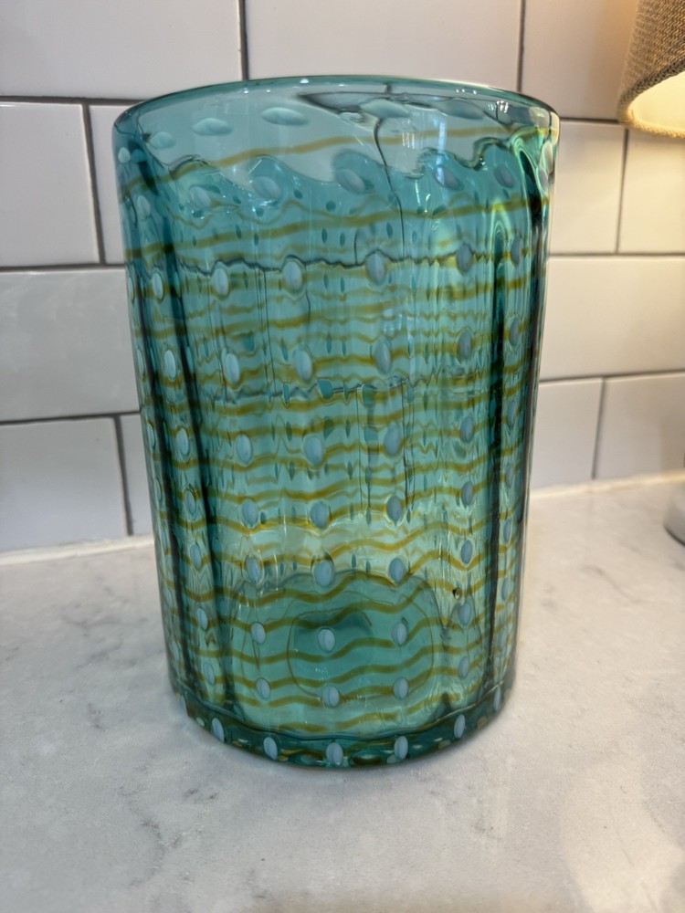 Beautiful Blue Glass Vase Yellow Stripes White Dots 8”