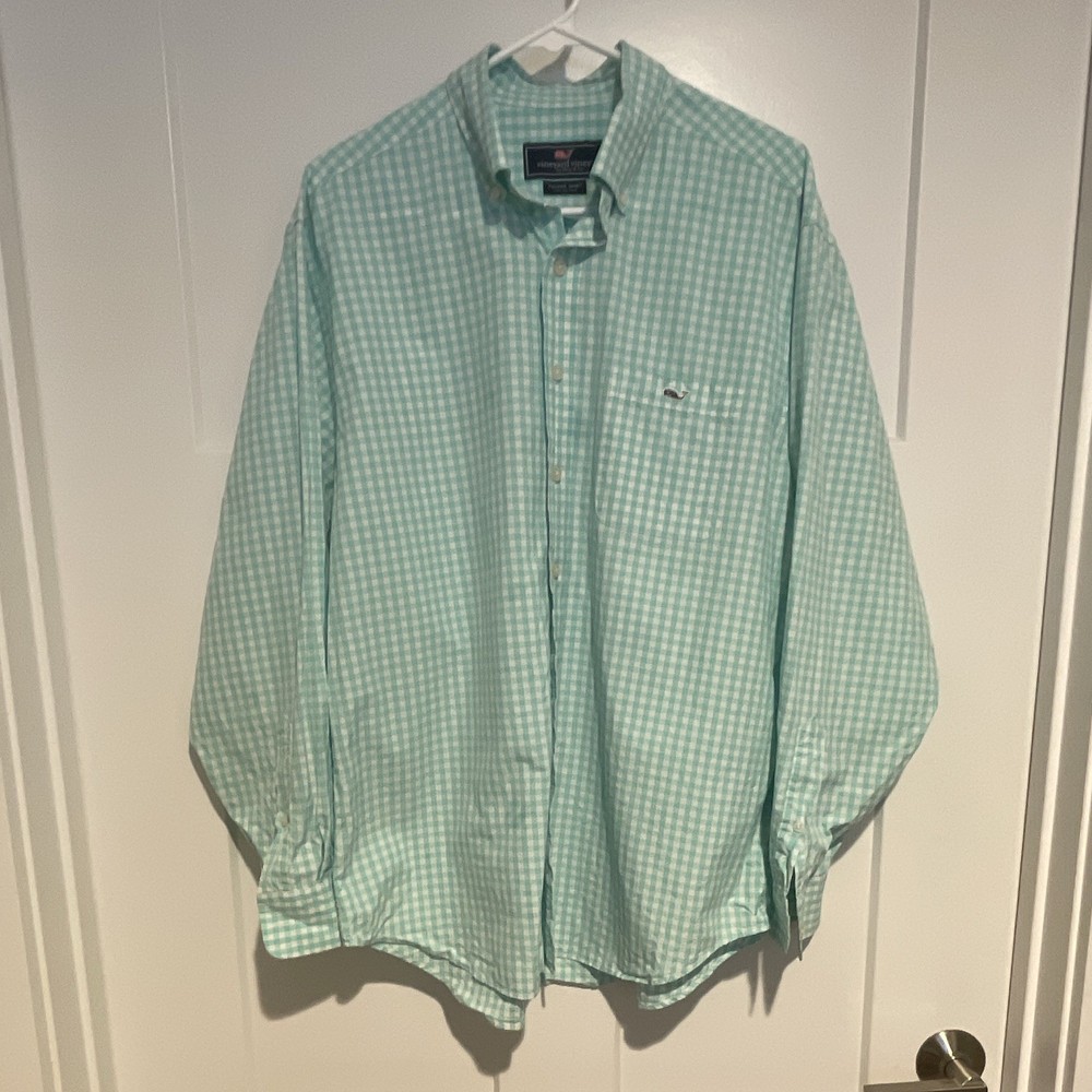 Vineyard Vines Men's L Tucker Green White Check Cotton Button-Down Tucker Shirt
