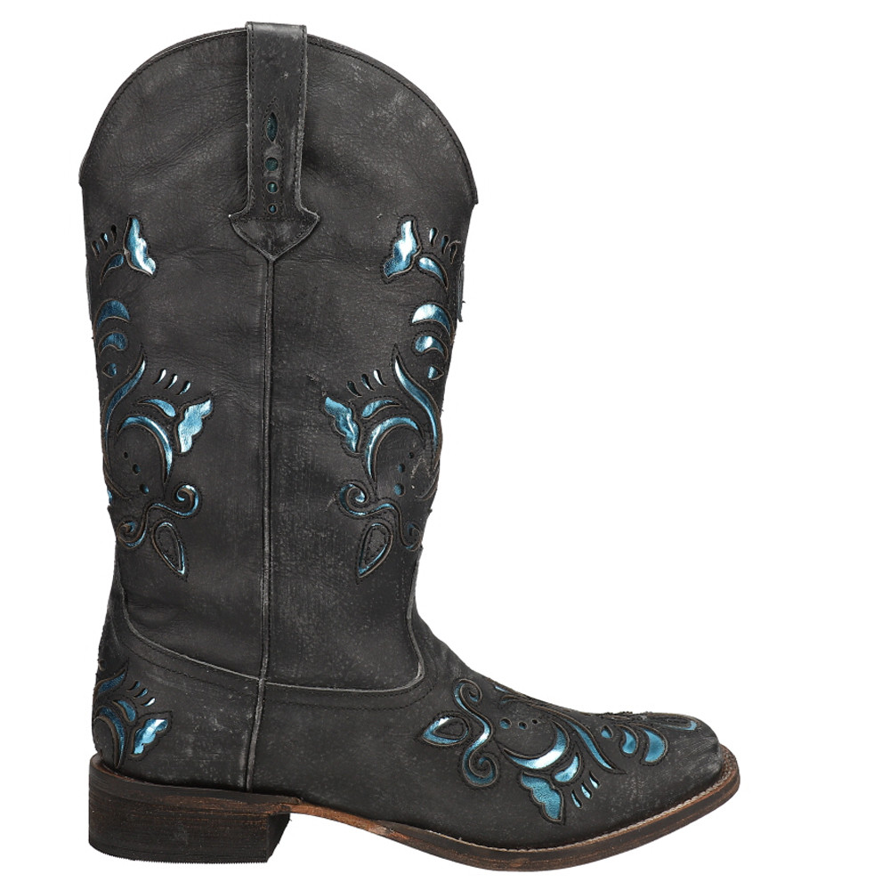 Roper Belle Metallic Tooled Inlay Square Toe Cowboy  Womens Black Casual Boots 0