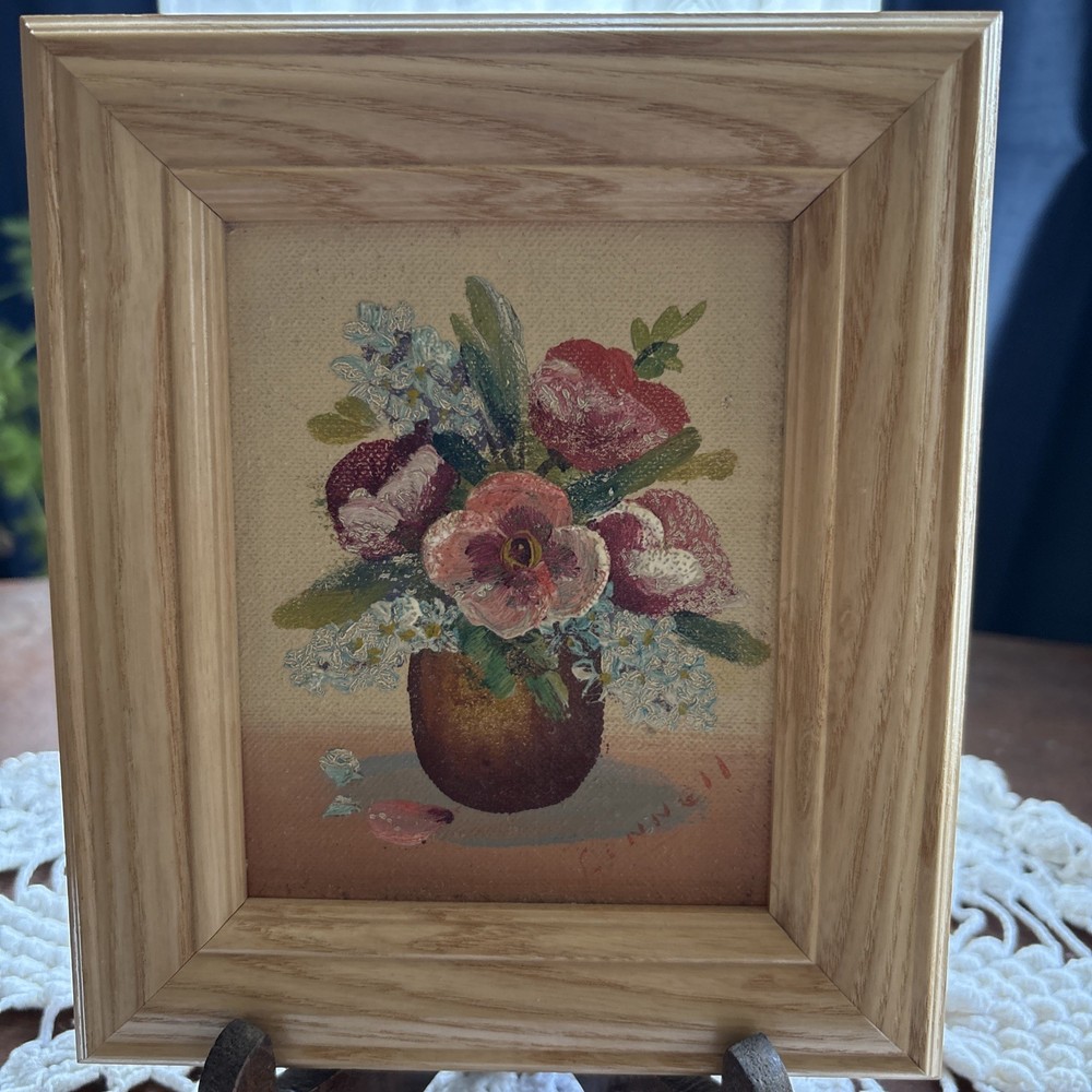 Eric Linnell Art Assoc. ORIGINAL 1940S FLOWERS FRAMED OIL Painting  SIGNED