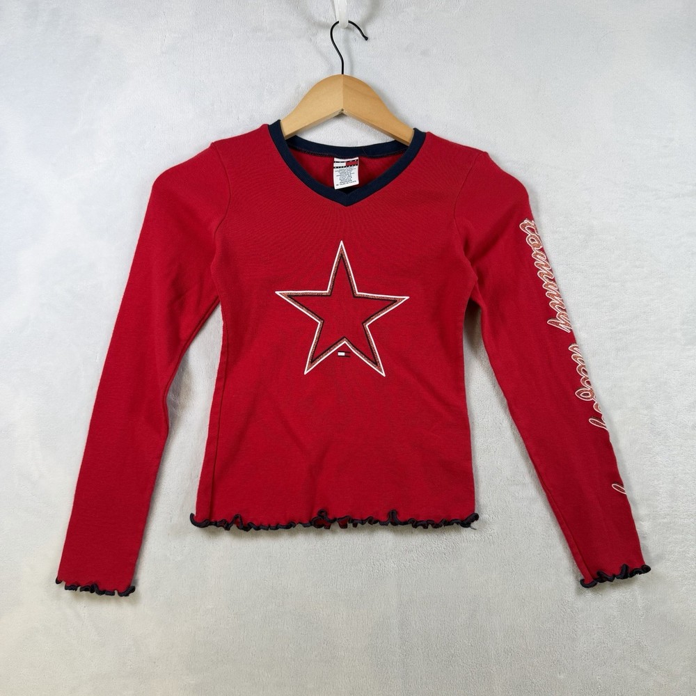 Vintage Y2K Tommy Hilfiger Girls Shirt Youth M Red Cotton Star Logo Glitter