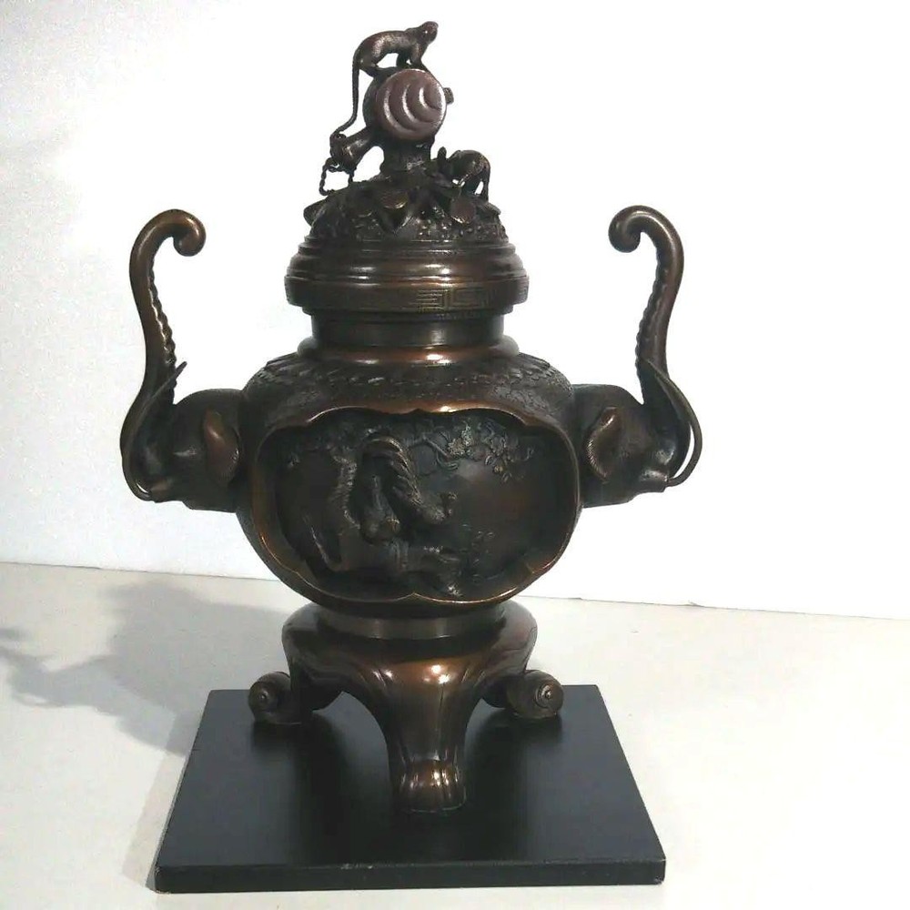 Japanese Bronze Incense Burner Vintage Censer Sculpture Bird Mouse Rat 10.2 inch