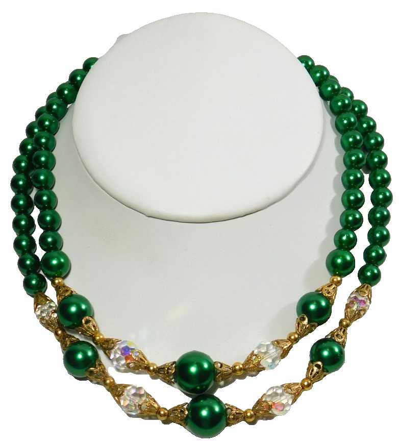 Vintage Green Bead and Iridescent Clear Crystal Double Strand Choker Necklace