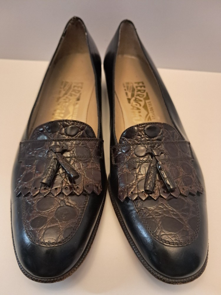 Ferragamo Diplomata Kiltie Tassel Loafers in Black Dark Brown Croc Size 7.5 AAA