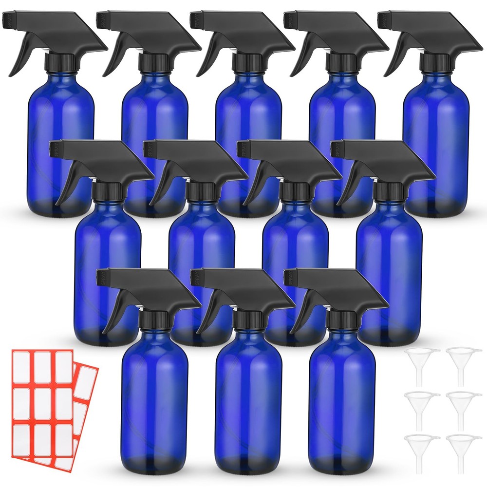 12-Pack 8oz Glass Spray Bottles with Funnels & Labels – Refillable for Cosmetics