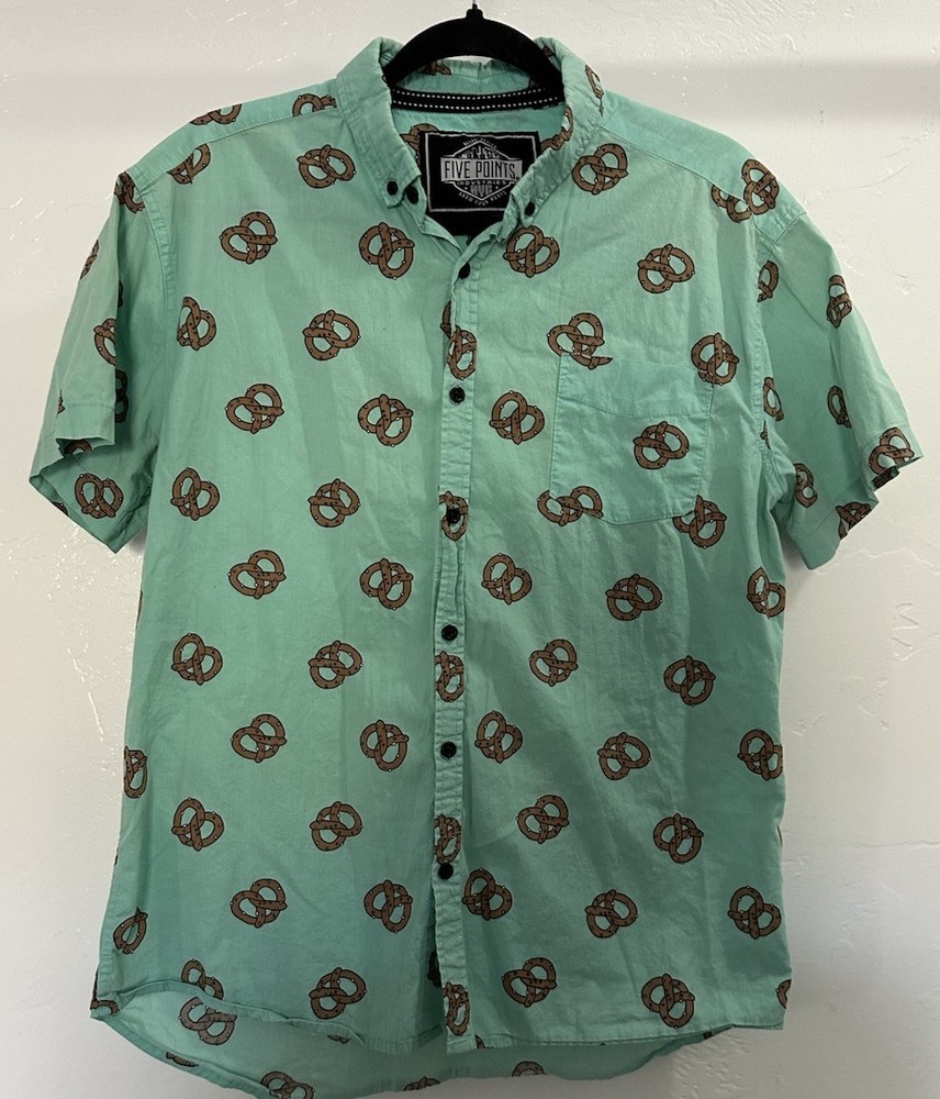 Five Points Industries Shirt Men M Green Pretzel Graphic Button Up Short Sleeve