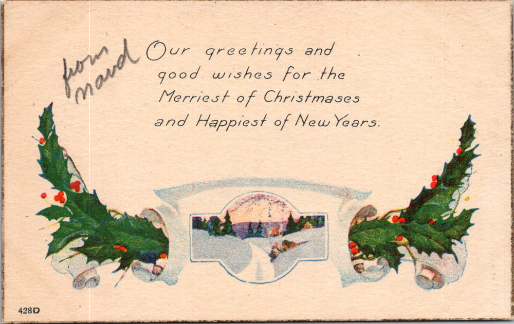 Vintage Postcard Christmas Greetings Holly Snowy Scene