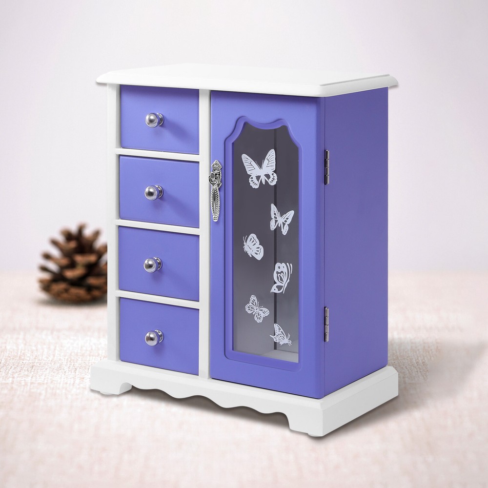 Double Door Built-In Mirror Purple Butterfly Jewelry Box with 4 Drawer Organizer