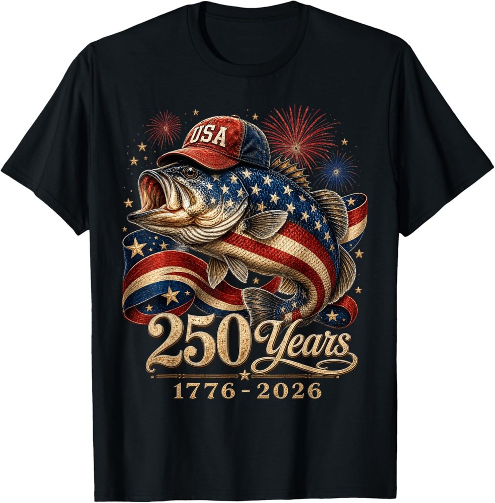 250 America 1776 2026 Bass Fishing USA Flag 250th Birthday T-Shirt