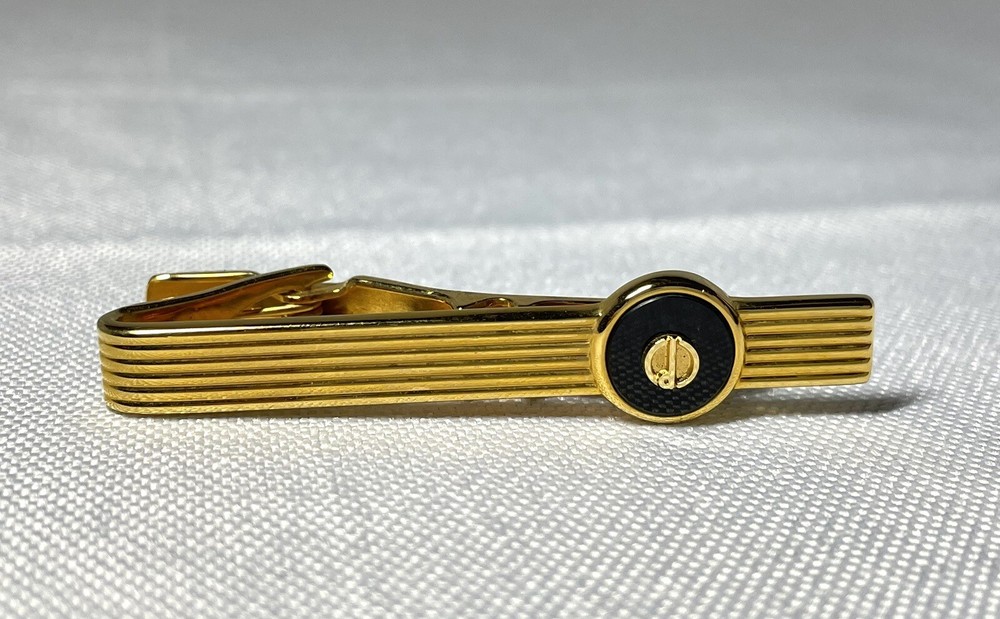 Auth beautiful Dunhill tie Clip d logo & stripe line bar pin gold Gift