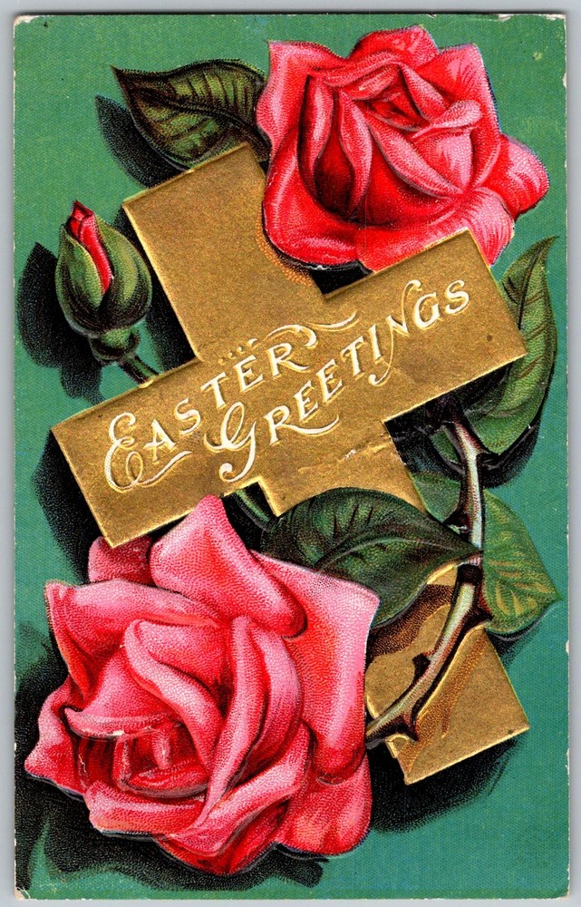 Antique Postcard Easter Greetings Gold Cross 1910s