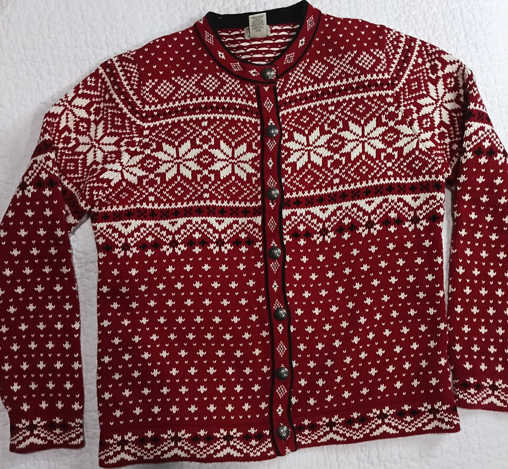 L.L.Bean Red White Fair Isle Knit Button-Front Crew Cardigan Sweater Women's L