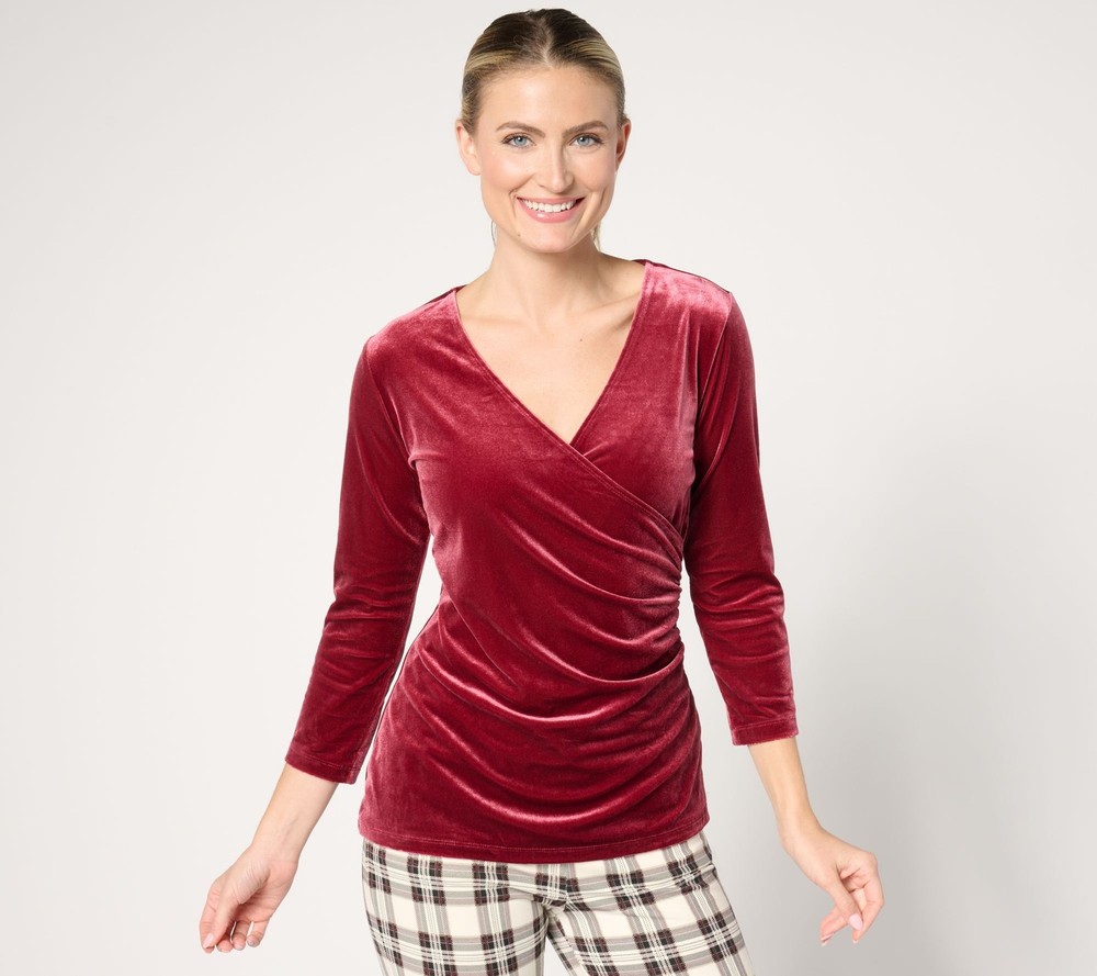 Susan Graver Women's Top Plus Sz 1X Knit Velvet -Sleeve Faux-Wrap Red A667480