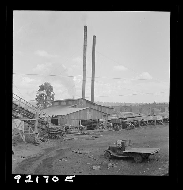 Photo:Lumber Mill Industrial Plant 1930s Smokestacks Flatbed Truck