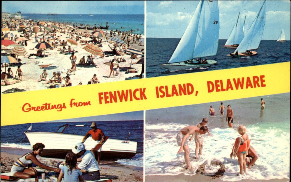 Greetings Fenwick Island Delaware ~ sailboats beach ~ 1950s postcard