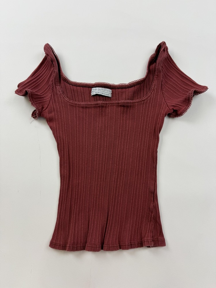 Urban Outfitters Shirt Womens Small Red Off Shoulder Flutter Sleeve Ribbed Top
