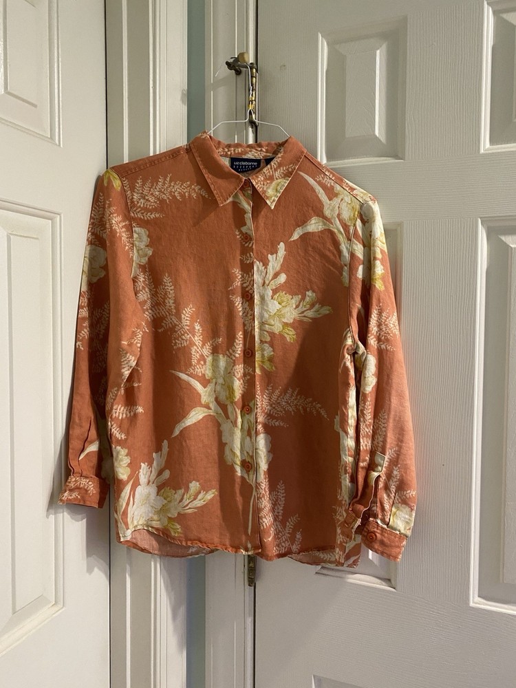 100% Linen Peach Floral Long Sleeve Women’s Button Down Liz Claiborne Size PM