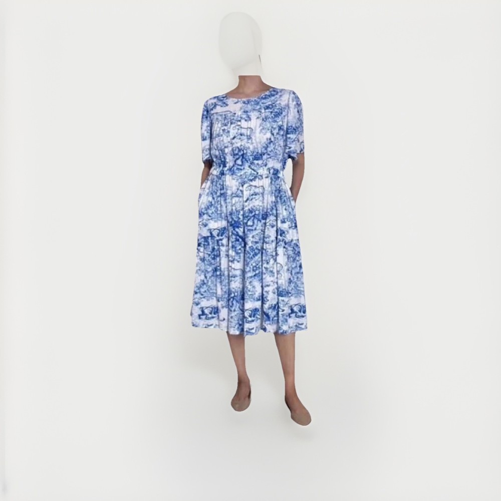 Blue toile dress animal print