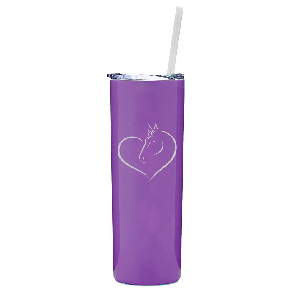 20 oz Skinny Tumbler Stainless Steel Insulated Travel Mug w Straw Heart Horse
