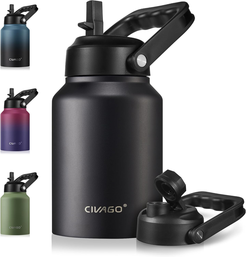 Half Gallon Insulated Water Bottle Jug with Straw, 64 Oz Large Stainless Steel S