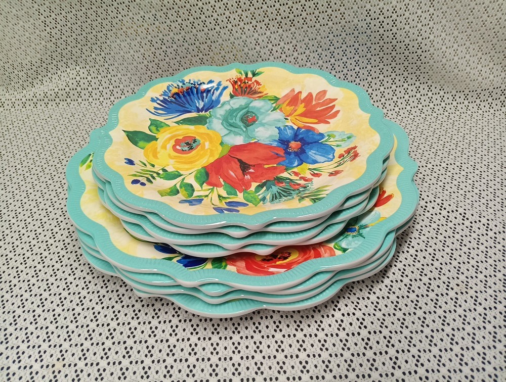 Pioneer Woman Delaney Teal Melamine 4 Dinner 4 Salad Plates Scalloped Edge