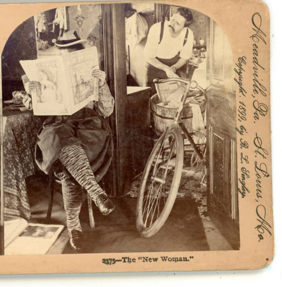 Bike & Man at work The 'New' Woman Keystone Stereoview