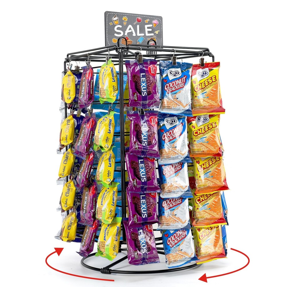 Chip Rack Display Stand, 5 Tiers 60 Clips Snack Retail Display Rack, 360° Rot...