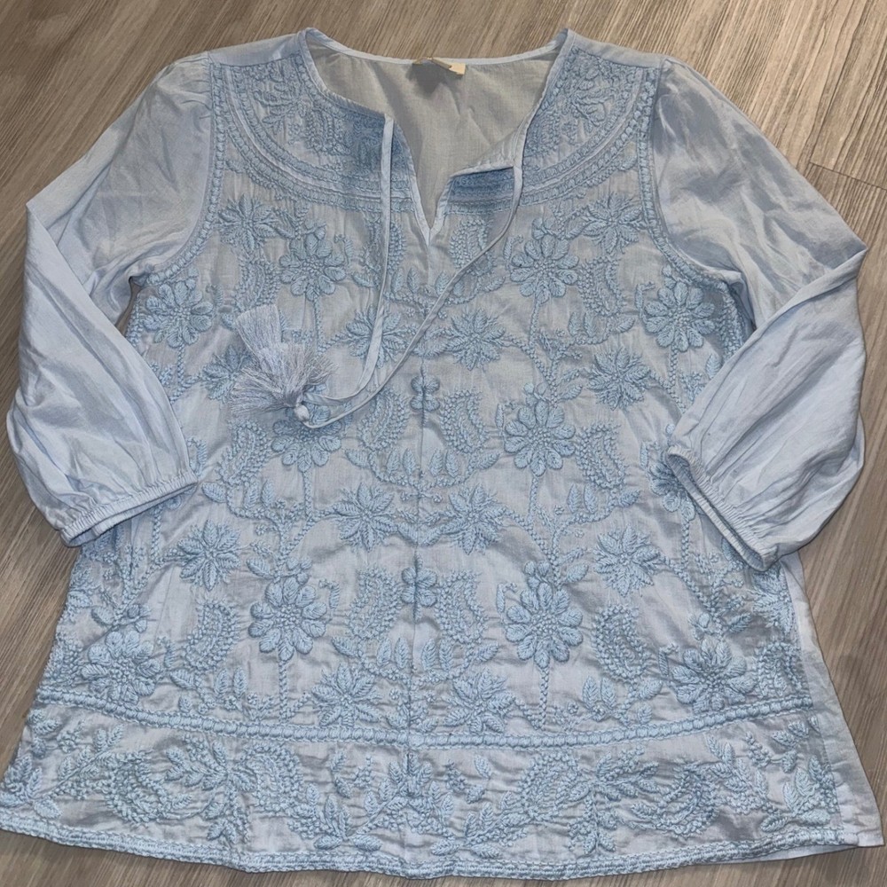 Style & Co Blue Embroidered Peasant Blouse Tassel Tie Top Womens Medium Boho