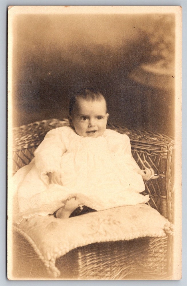 Baby in White Dress Studio Photo Wicker Chair C1920 RPPC Postcard J15