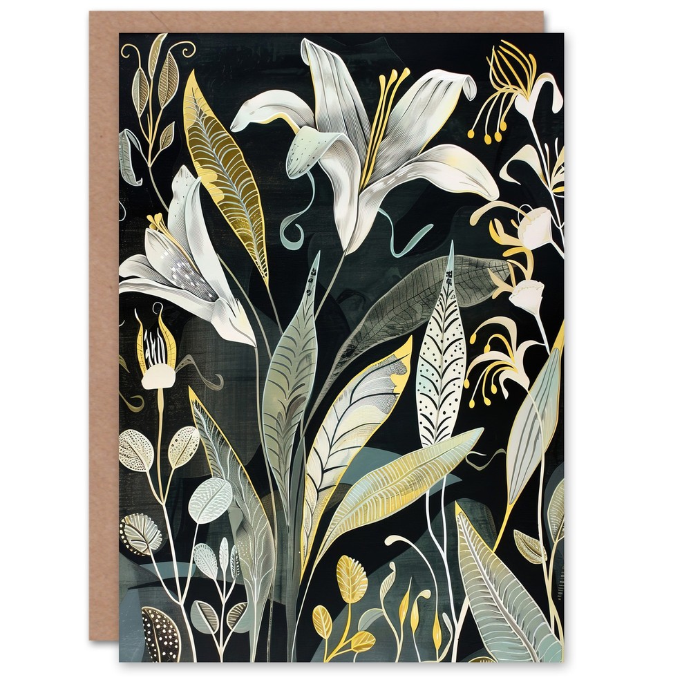 Greeting Card Lily Flowers Dark Stylised Floral Painting Blank Birthday
