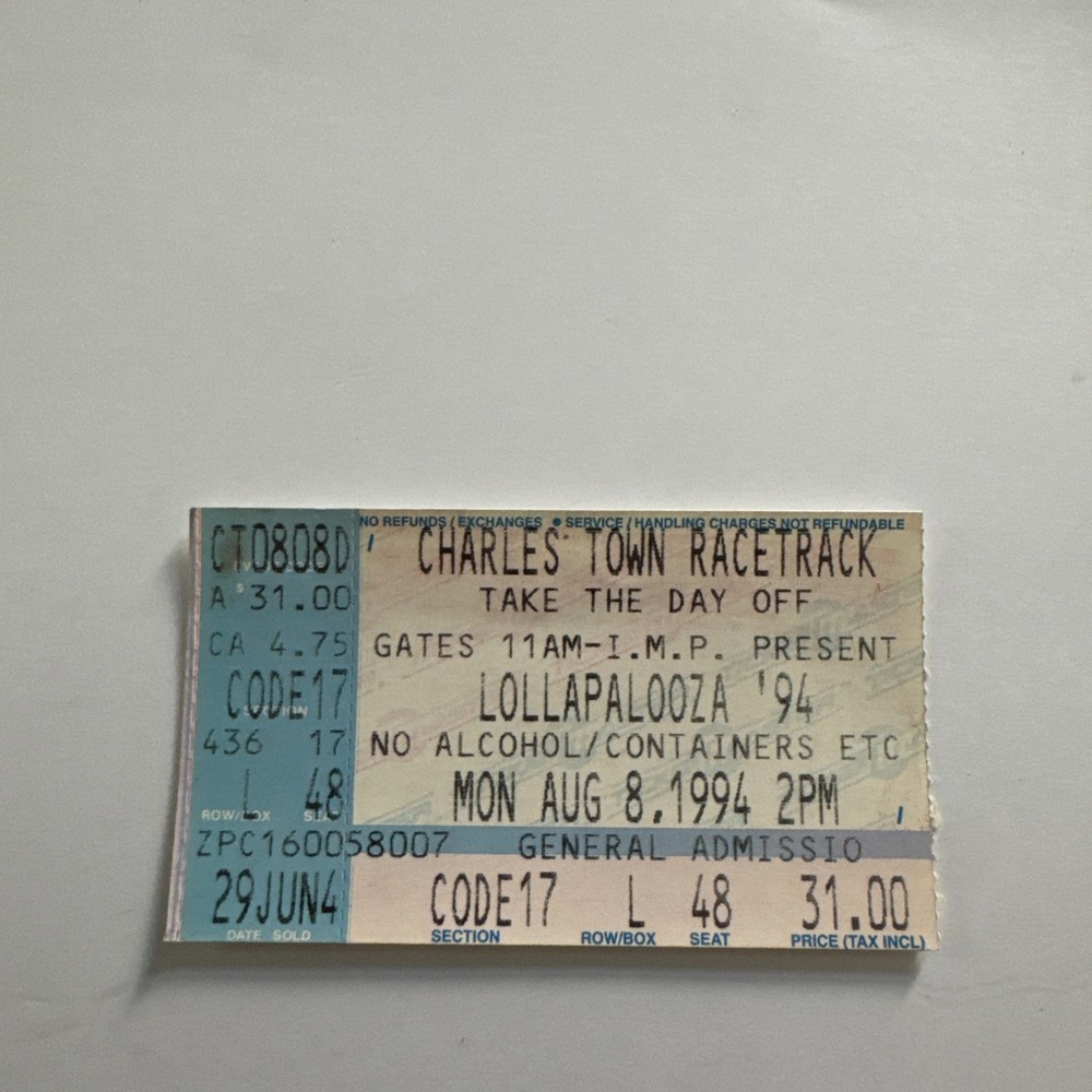 1994 Lollapalooza Festival Concert Ticket Stub 8/8/94 Charles Town Racetrack WV.