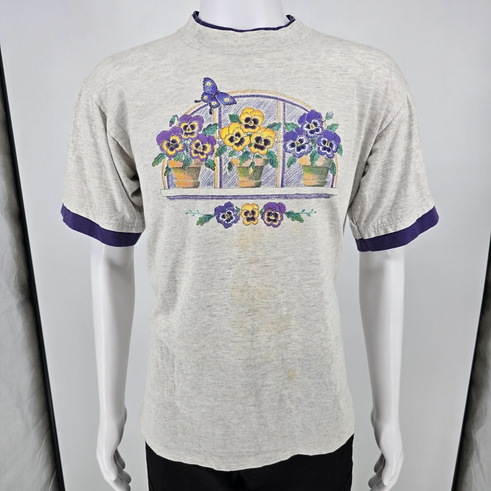 Distressed Vintage 1990s Pansy Flower Window Garden Ringer Tee T-Shirt (L)