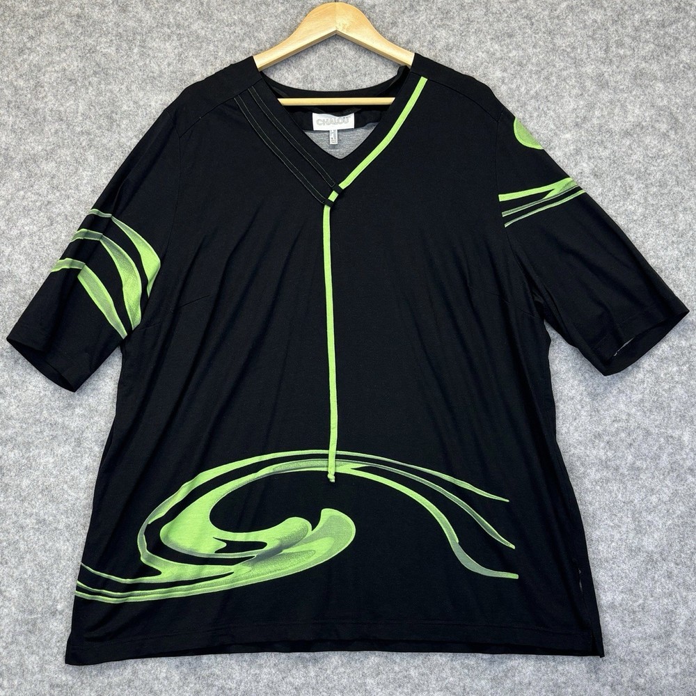 Chalou black t-shirt/tunic UK26 with neon green abstract graphics Pre Loved Rate-image