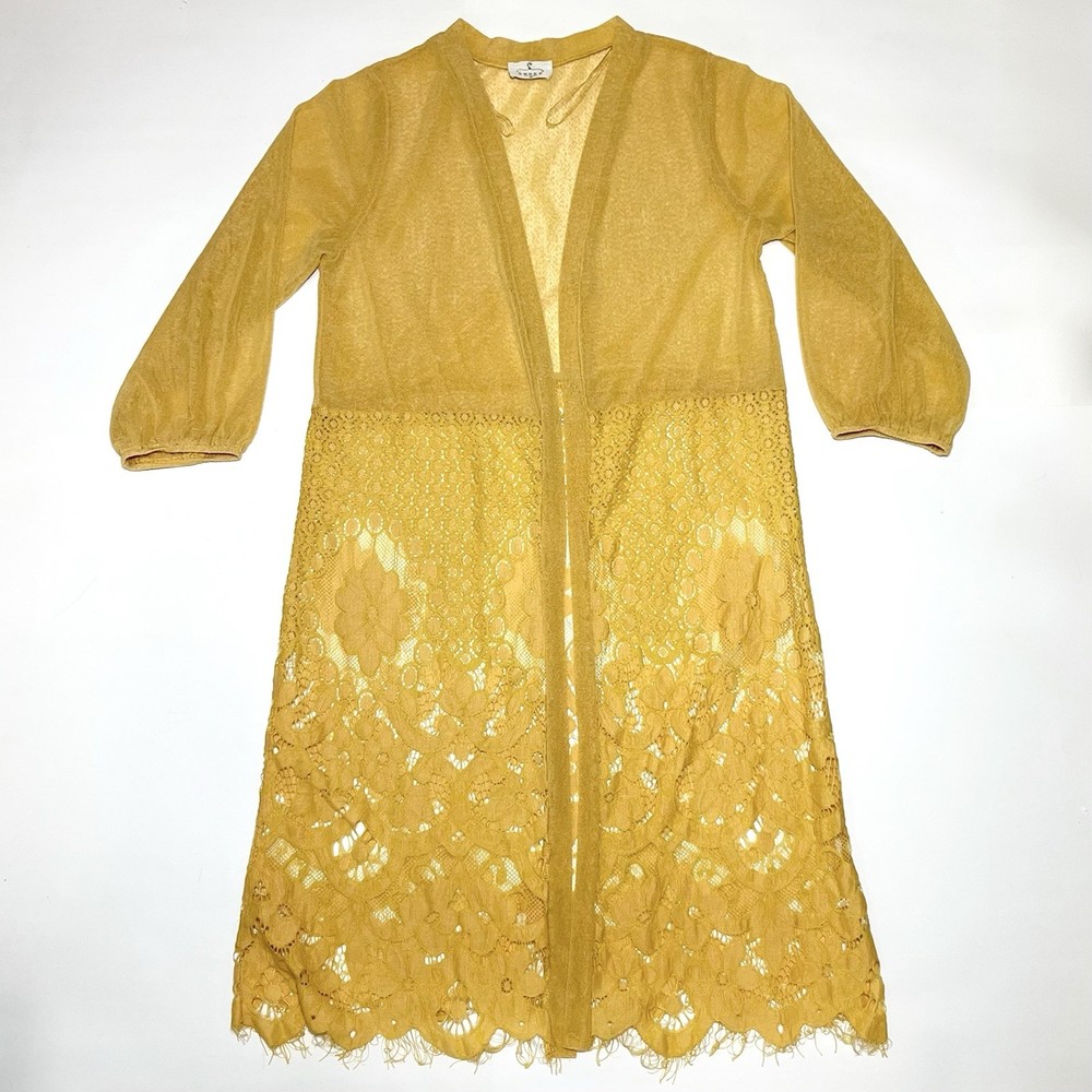 Ember Open Front Long Line Cardigan Sheer/Lace Size M- Mustard Yellow 3/4 Sleeve