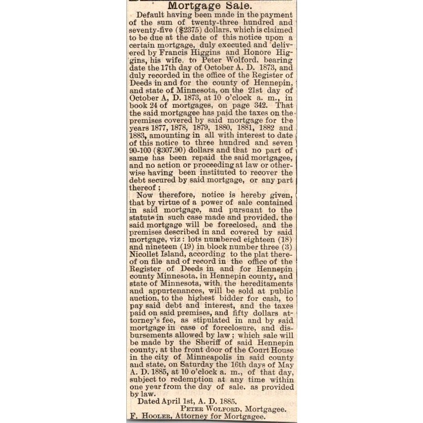 Mortgage For Sale Peter Wolford F. Hooler Hennepin MN 1885 MN Ad SAJ2-4