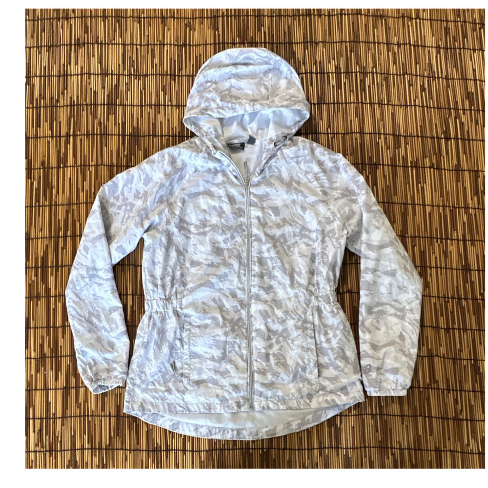 New Balance Women's Hooded Windbreaker Jacket Gray Camouflage Full Zip L