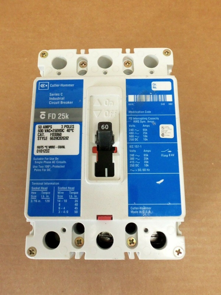 Cutler Hammer Eaton Westinghouse FD3060 3 Pole 60 Amp Circuit Breaker flaw #41