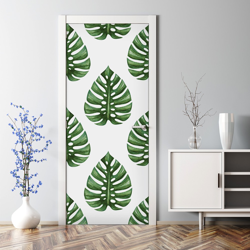 Monstera Leaf Adhesive Door Sticker Tropical Green White Botanical Decor