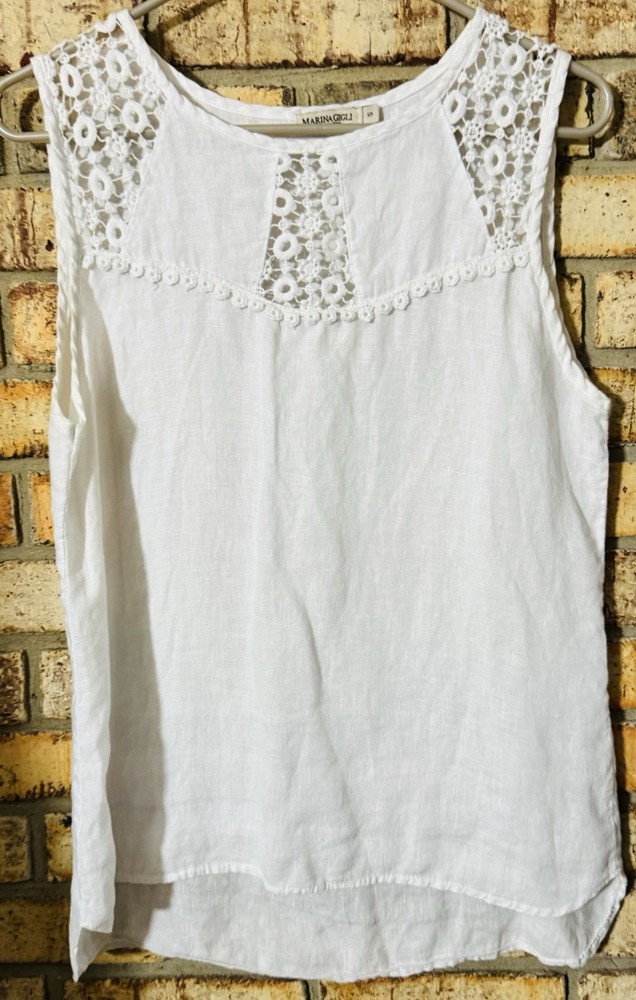 Marina Gigli Lace Embroidered Linen Cotton Sleeveless Top White S Round Neck