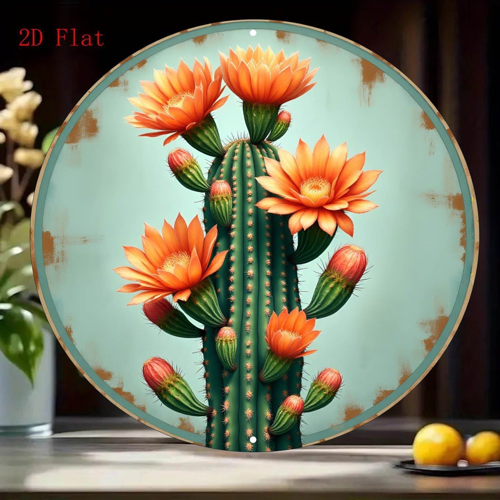 Retro Desert Floral Cactus Metal Wall Art Orange Flowers