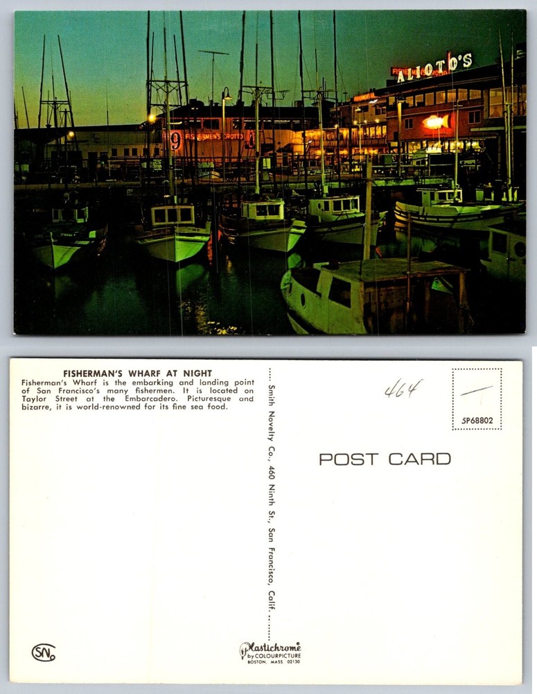 Fisherman's Wharf San Francisco Night Plastichrome Postcard Alioto's Boats