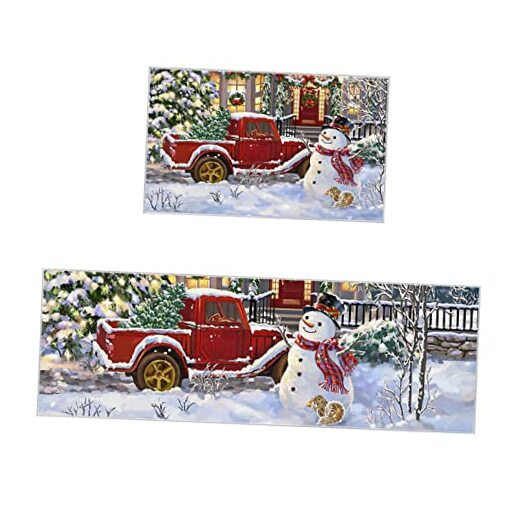 Christmas Kitchen Rugs and Mats Set of 2 Farmhouse Snowman Red Truck Snowflake