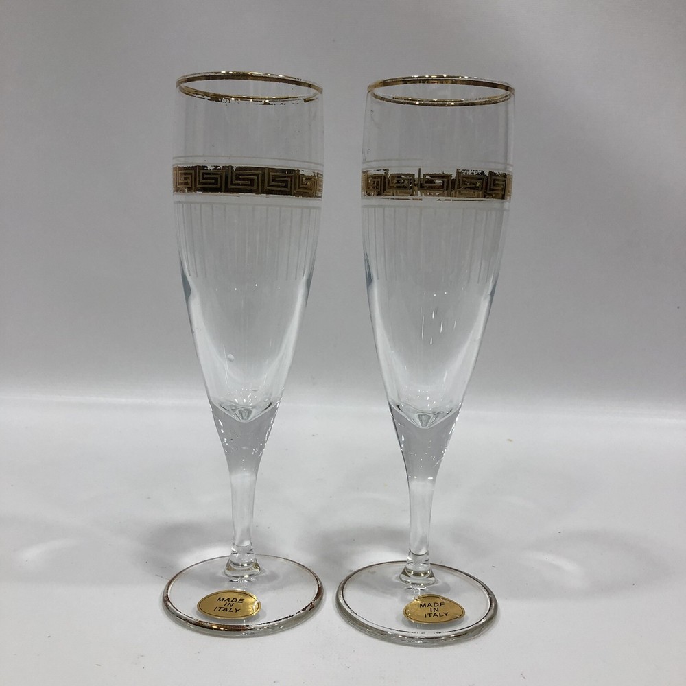 VTG Set Of 2 Crystal Gold Trim Pattern Flute Champagne Glasses -Made in Italy-