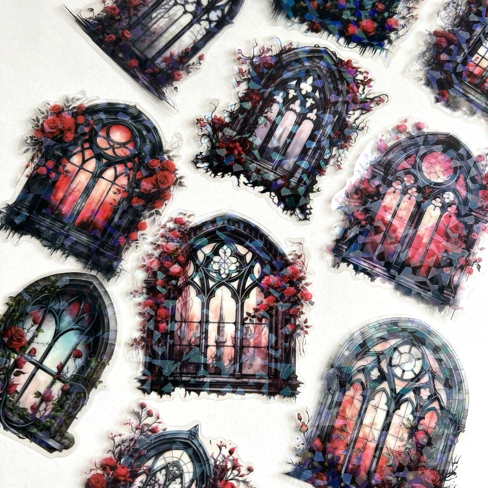 Holographic Gothic Window Red Rose Stickers Junk Journal Collage