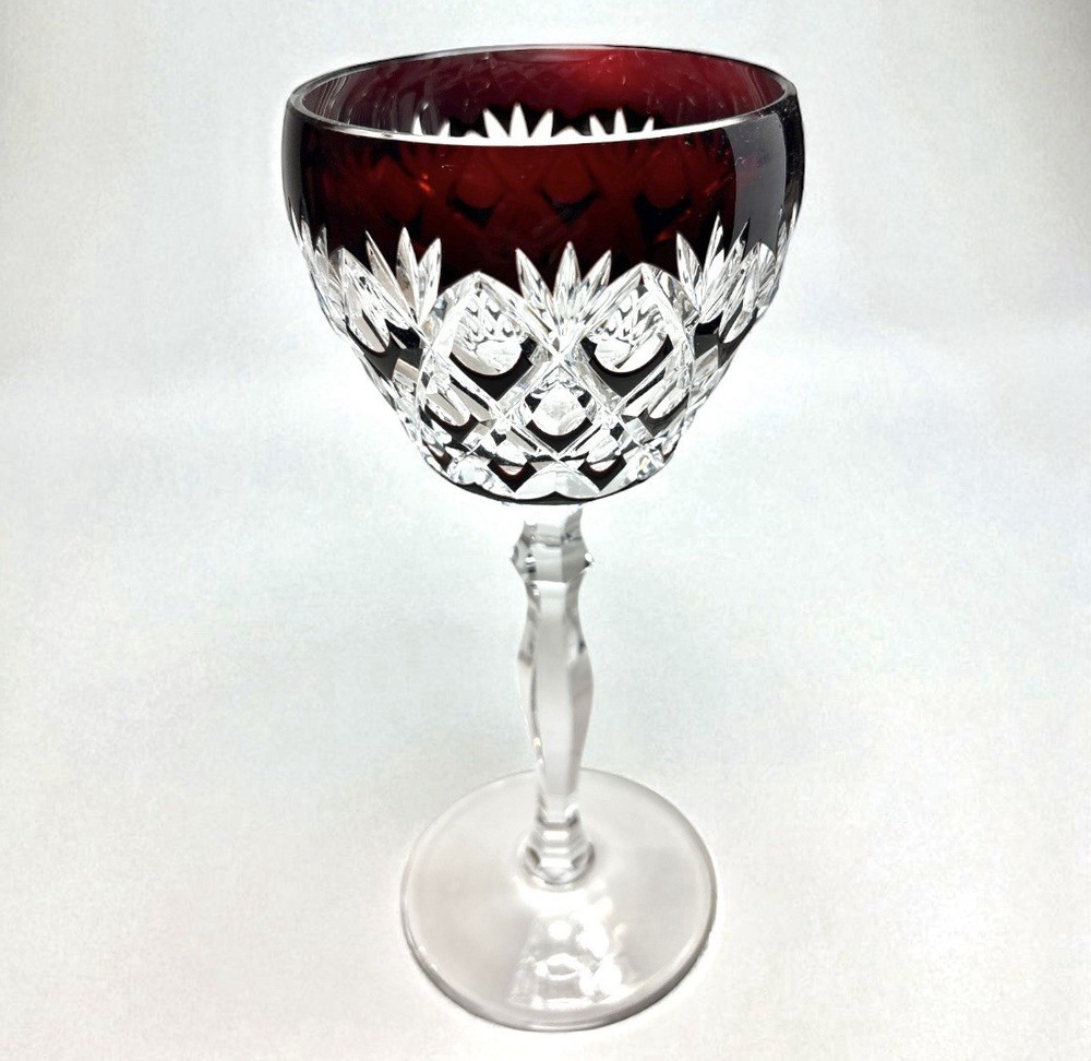 Vintage Ruby Red Bohemian Crystal Glass Cut Etched Wine Glass 7.5”, Free Ship