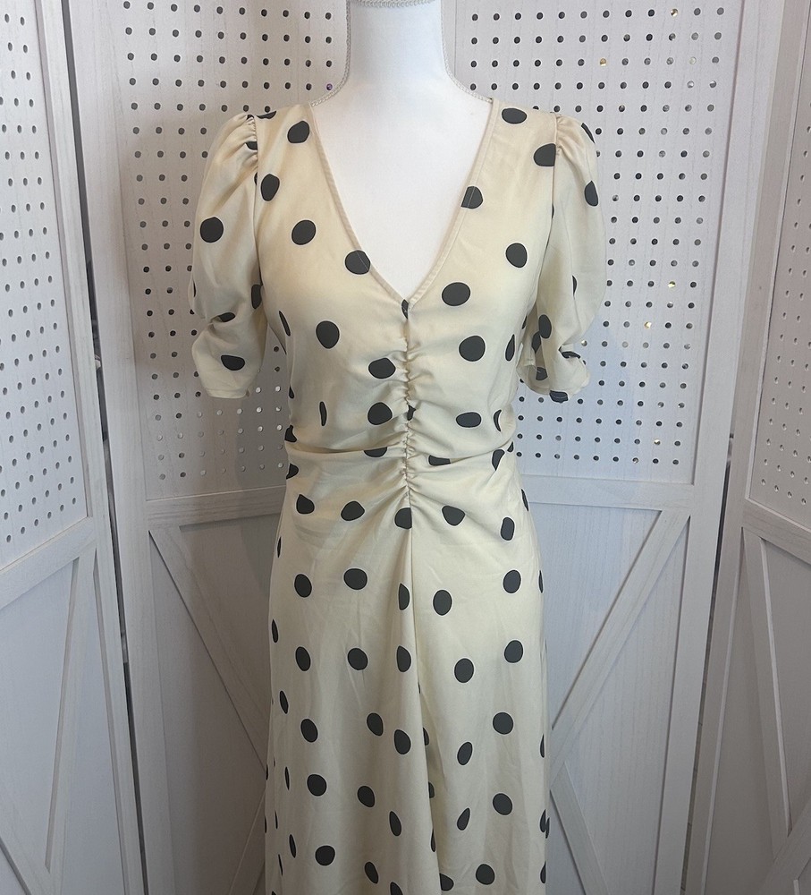 A New Day MIDI Dress Cream Black Polka Dots Touched V Neck Size Small