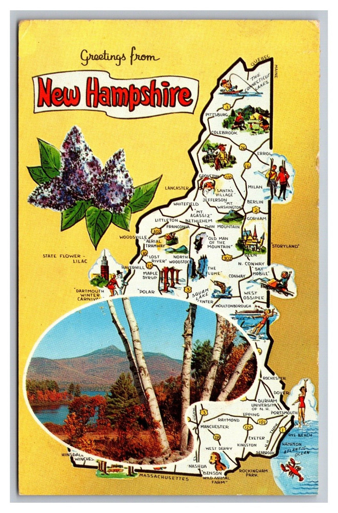 Greetings from New Hampshire NH Map Multi View Postcard Posted 1966