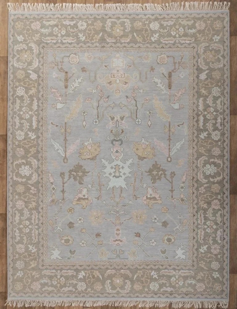Hand Knotted Oushak Rug Wool Area Rug Muted Grey Beige Turkish Oriental Carpet