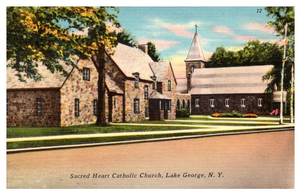 c1940 Sacred Heart Catholic Church Lake George New York Vintage Postcard